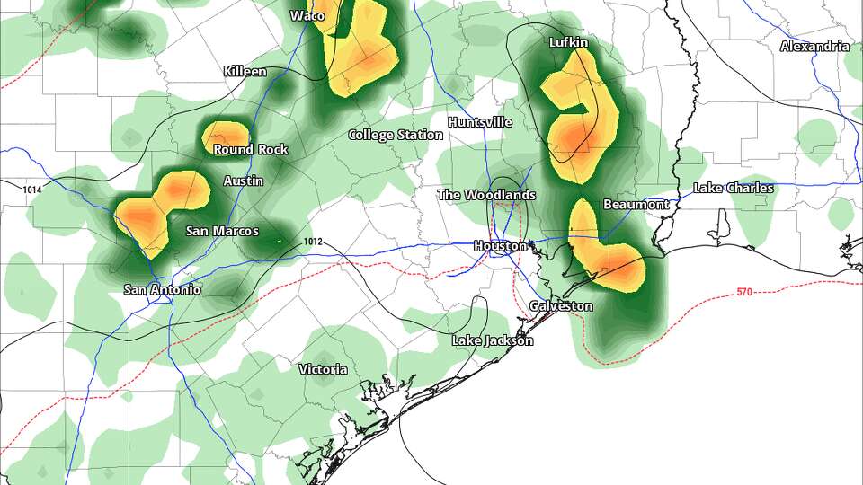 Shown is future weather radar for Saturday afternoon in South Texas, as depicted by the ECMWF weather forecasting model.