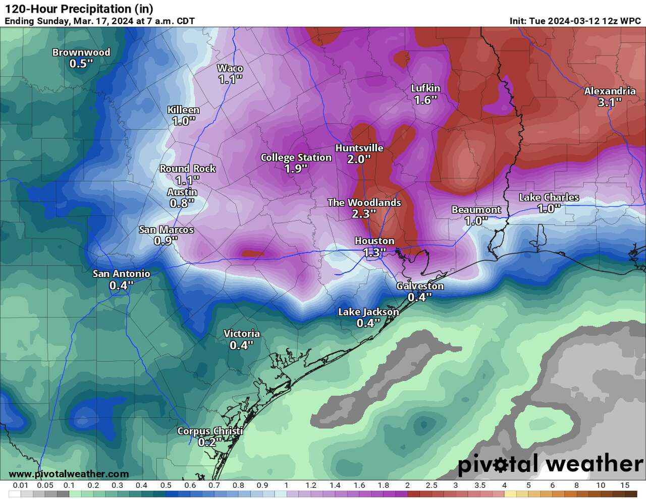 Shown is the forecast rainfall totals through Sunday morning, according to the Weather Prediction Center. Rainfall totals of between 0.5 and 1.5 inches are likely for most, though locally higher amounts are also possible north of Houston.