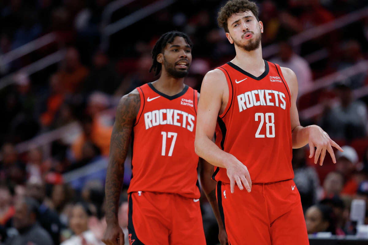 Alperen Sengun #28 of the Houston Rockets reacts to his basket against the Detroit Pistons during the second half at Toyota Center on January 01, 2024 in Houston, Texas. 