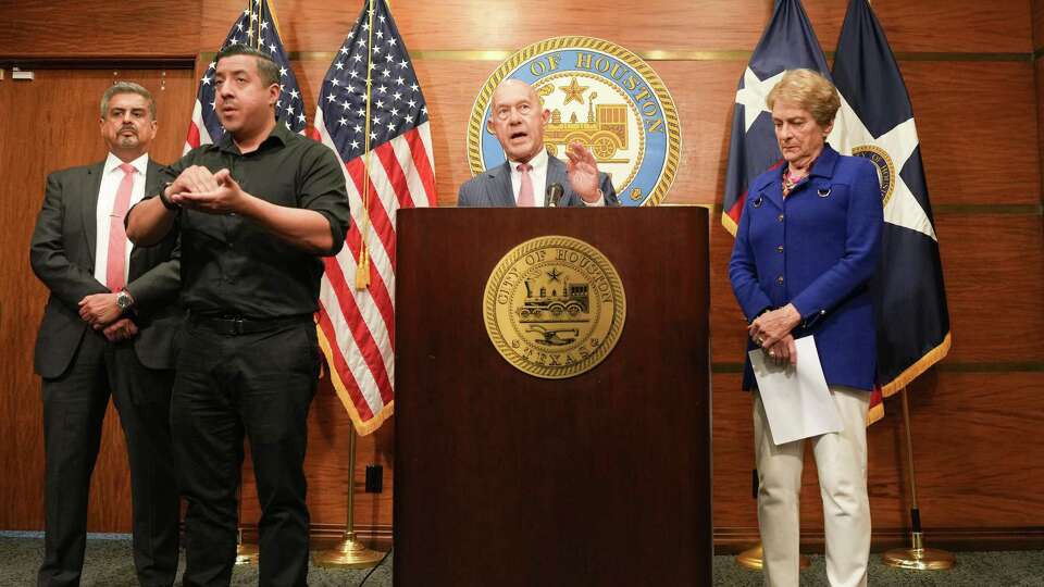 Houston Mayor John Whitmire speaks during a press conference with city attorney Arturo G. Michel, from left, ASL interpreter Timothyy Herrera and Ellen Cohen to announce a task force for independent suspended case review of Houston Police Department scandal on Wednesday, March 13, 2024 in Houston.