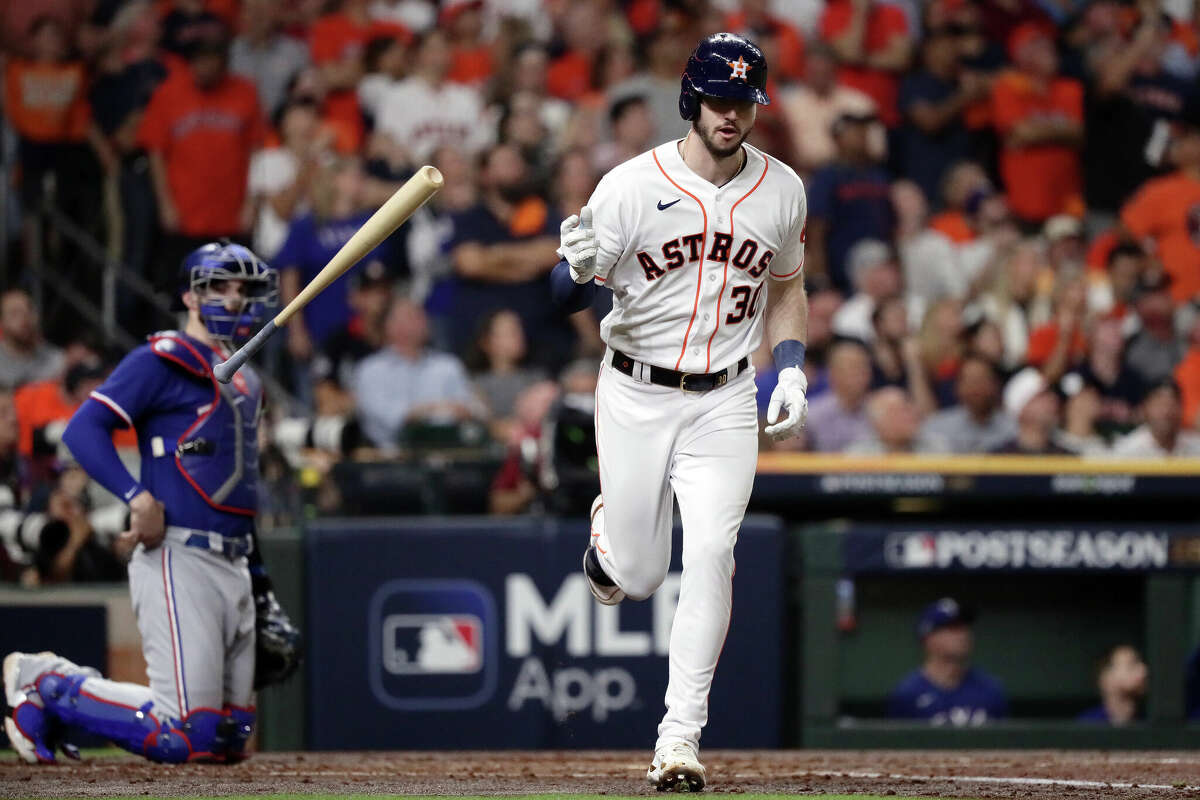 Kyle Tucker #30 of the Houston Astros reacts after fly out against the Texas Rangers during the second inning in Game Seven of the American League Championship Series at Minute Maid Park on October 23, 2023 in Houston, Texas.