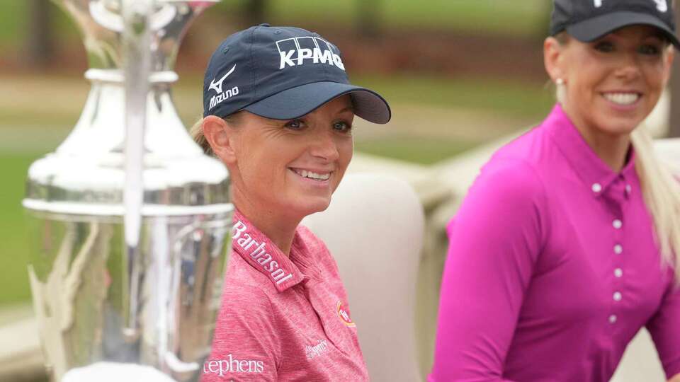 LPGA players Stacy Lewis, and Pernilla Lindberg, right, are interviewed during media day at Carlton Woods Wednesday, March 13, 2024, in The Woodlands. The event showcased the upcoming LPGA Tour's Chevron Championship golf tournament.