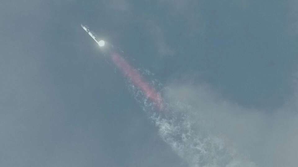 The Starship spacecraft launches atop the Super Heavy rocket Thursday, March 14, 2024, at a SpaceX launch facility in Boca Chica.