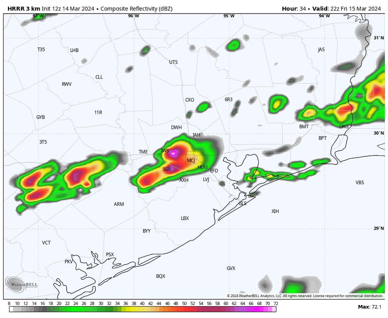 Shown is the High Resolution Rapid Refresh model's depiction of how radar could look Friday evening. Strong storms are expected to pose a damaging wind and large hail risk Friday evening in the Houston area. 