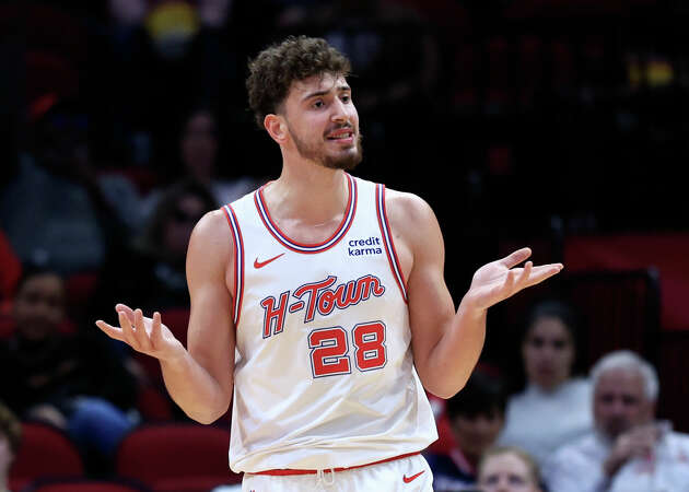 Alperen Sengun #28 of the Houston Rockets reacts against the Toronto Raptors during the first half at Toyota Center on February 02, 2024 in Houston, Texas. 