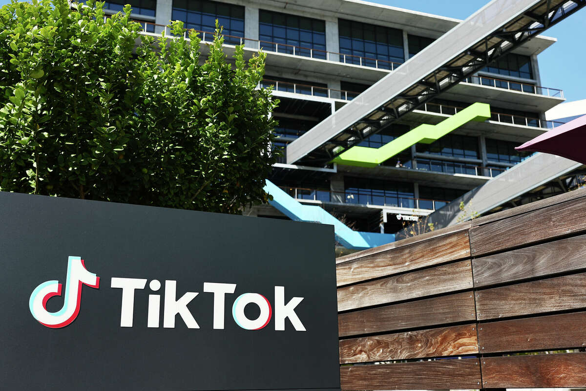 The TikTok logo is displayed outside TikTok offices on March 12, 2024 in Culver City, California. House Republicans are moving forward with legislation which would force the owners of the popular Chinese social media app to sell the platform or face a ban in the United States. 