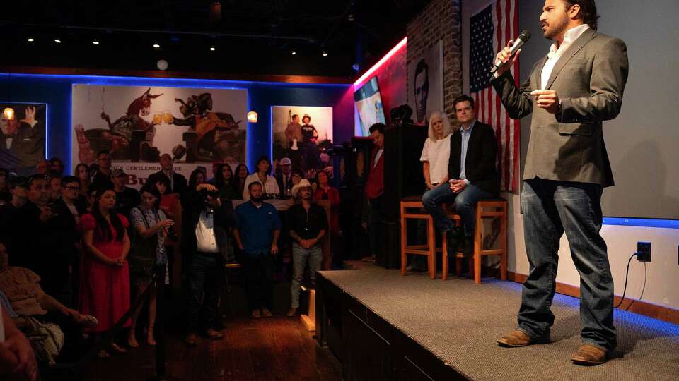 Brandon Herrera speaks at a campaign rally ahead of his runoff against US Rep Tony Gonzales.