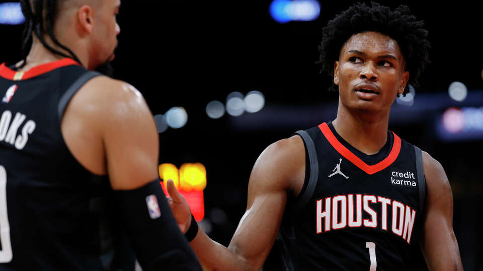 Amen Thompson #1 of the Houston Rockets looks on against the Washington Wizards during the first half at Toyota Center on March 14, 2024 in Houston, Texas. (Photo by Carmen Mandato/Getty Images)