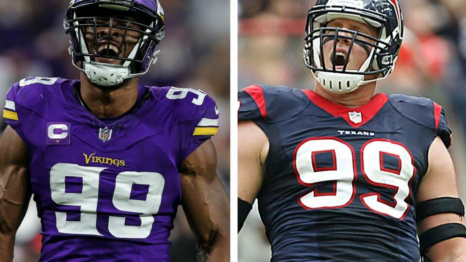 Danielle Hunter (left) wore No. 99 ever since he entered the NFL, but he's going to change numbers with the Texans out of respect for J.J. Watt (right).