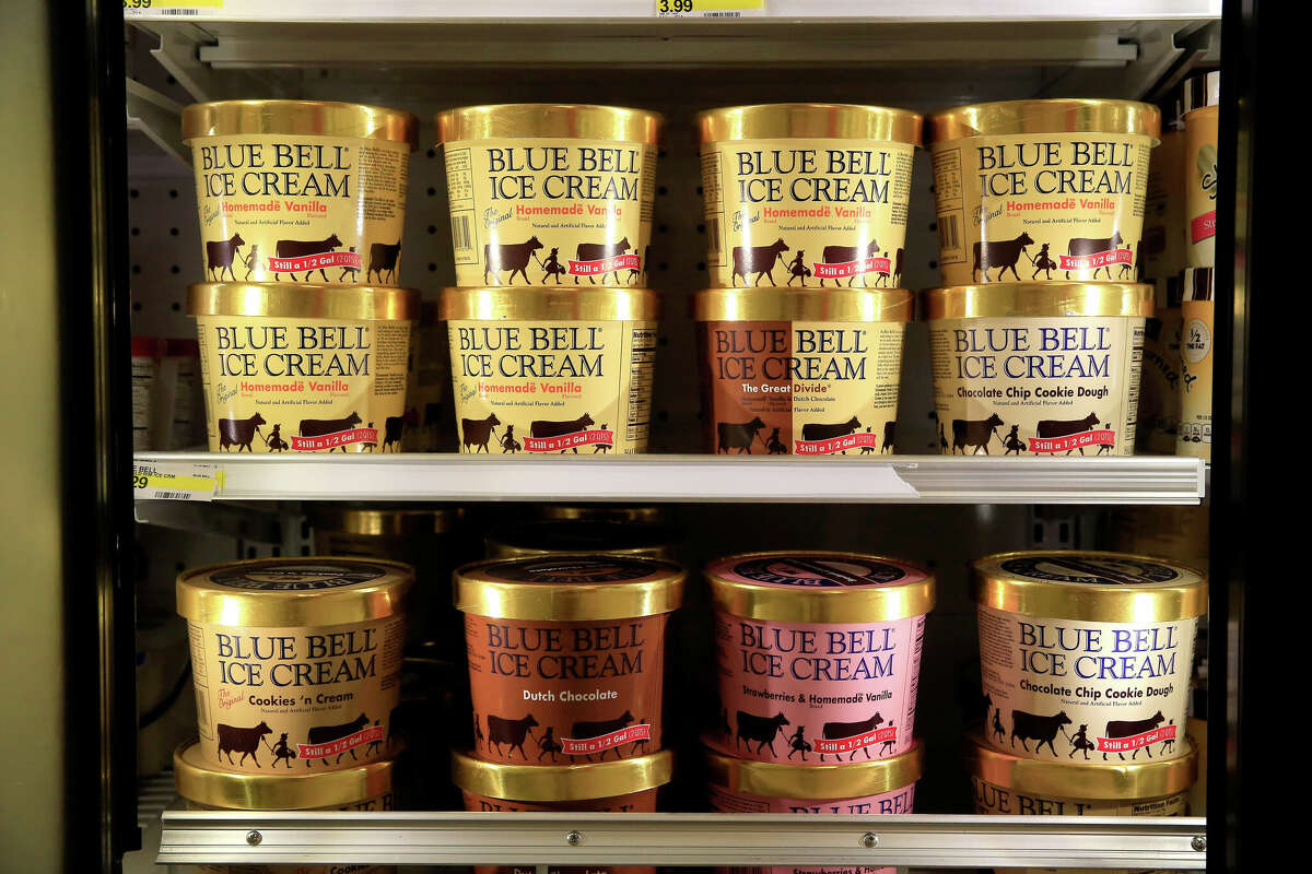 Blue Bell Ice Cream is seen on shelves in Overland Park, Kansas.