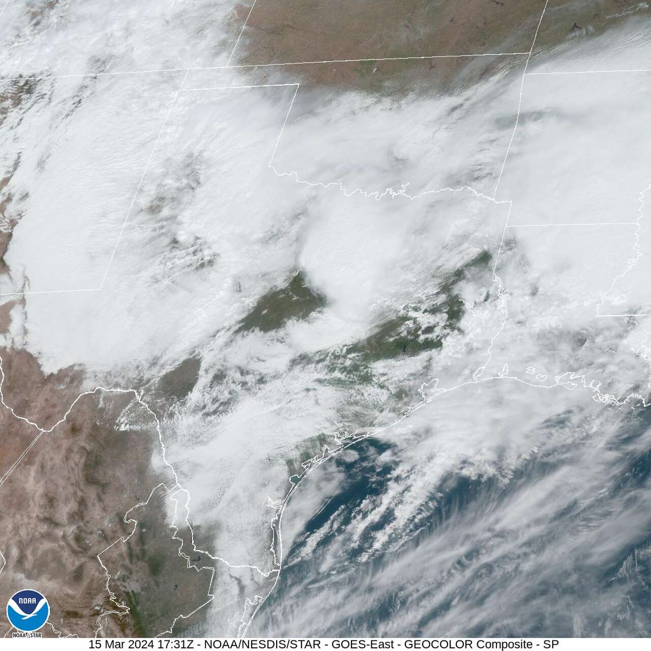 Texas is awash in clouds in this weather satellite photo taken around noon on Friday. Severe weather was possible across the state and rain was likely to continue Saturday in Southeast Texas along a stalled cold front.