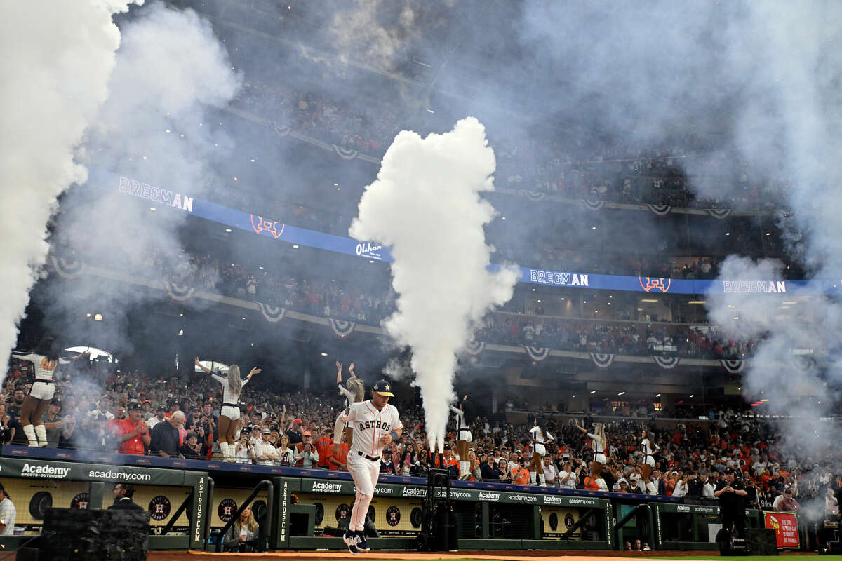 Alex Bregman #2 of the Houston Astros is seen during the pregame ceremony before the game between the Chicago White Sox and the Houston Astros at Minute Maid Park on Thursday, March 30, 2023 in Houston, Texas.