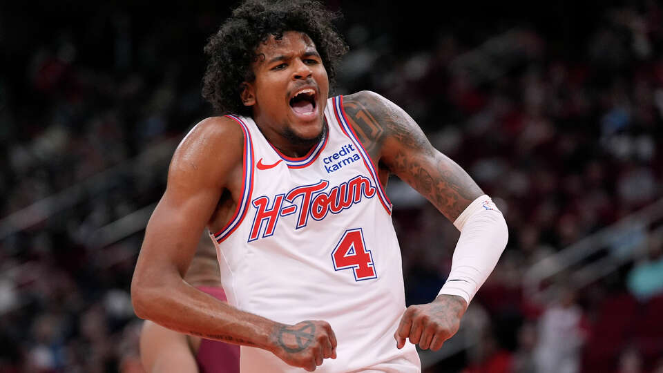 Houston Rockets' Jalen Green (4) celebrates after making a basket against the Cleveland Cavaliers during the second half of an NBA basketball game Saturday, March 16, 2024, in Houston. The Rockets won 117-103. (AP Photo/David J. Phillip)