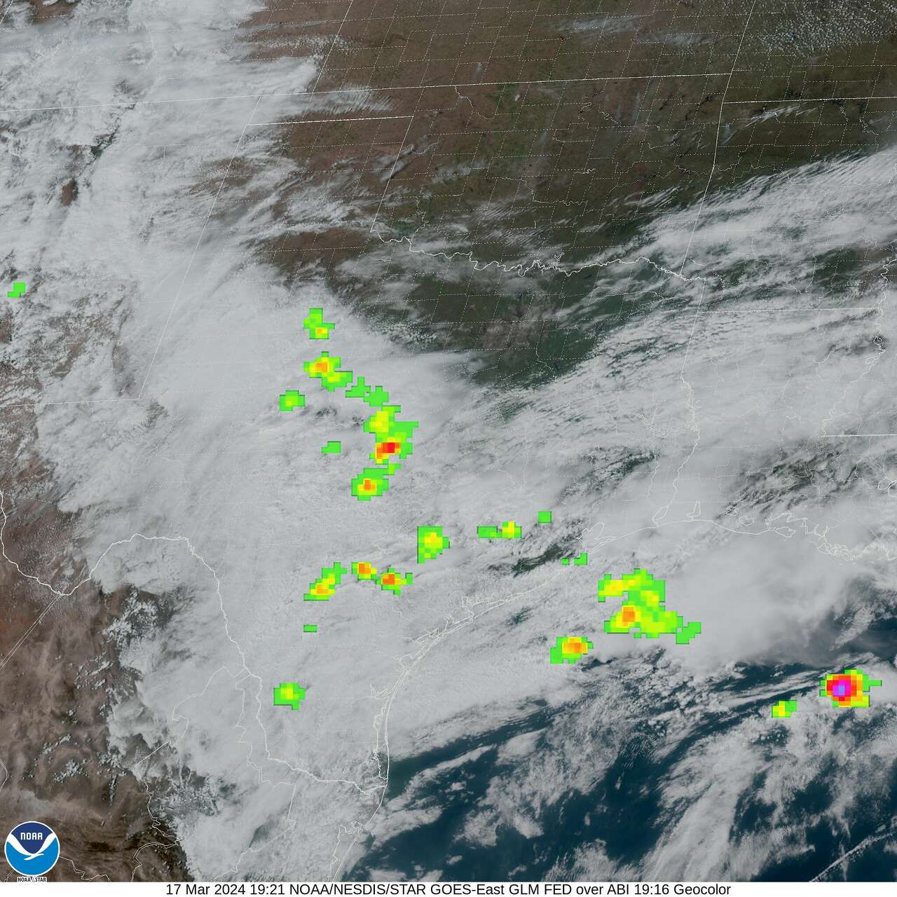 Shown is visible satellite and lightning data as seen from outer space Sunday afternoon. Numerous storms Sunday brought lightning and heavy rain to parts of the Lone Star State. The system responsible for stormy weather recently will move out in time for the start of a new work week.