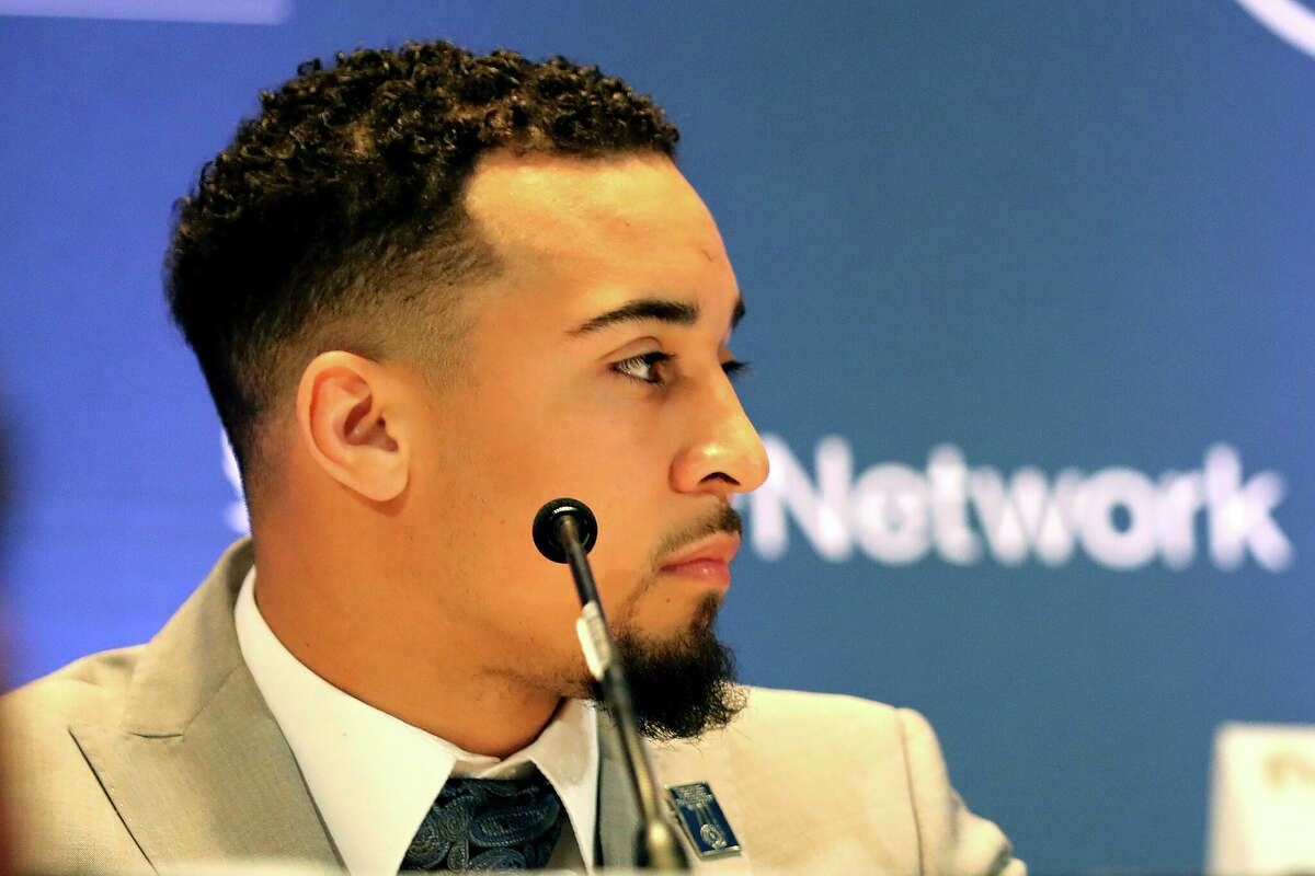 DECEMBER 05: Blaise Taylor speaks among the 2017 NFF National Scholar-Athlete Class & Campbell Trophy Finalists during the press conference for the 60th NFF Anual Awards Ceremony at New York Hilton Midtown on December 5, 2017 in New York City. 