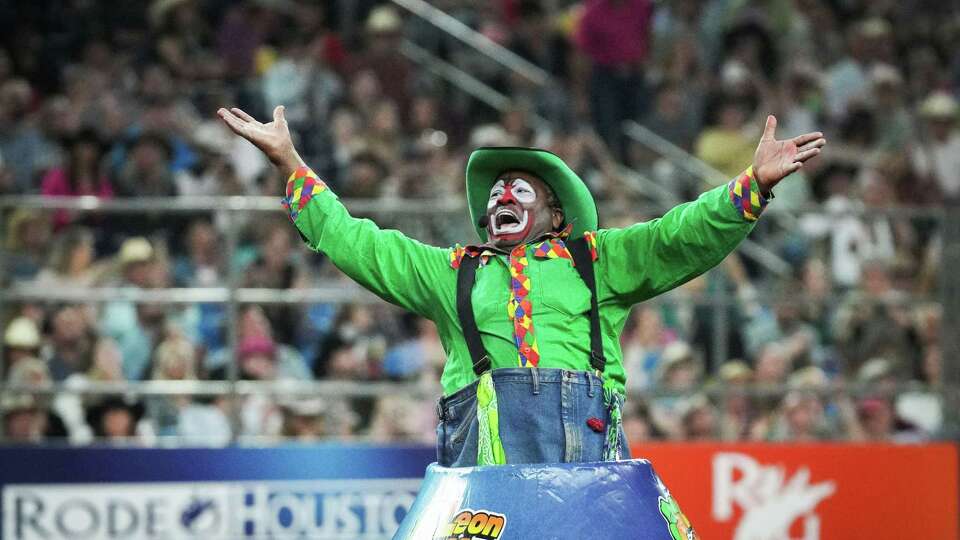 Barrelman Leon Coffee performs before the bull riding during the long round of the Houston Livestock Show and Rodeo Championship on Sunday, March 17, 2024, at NRG Stadium in Houston. The day was his last as a barrelman.