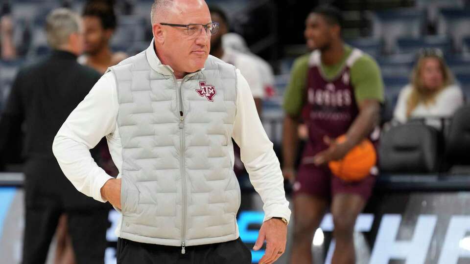 Texas A&M head coach Buzz Williams watches his team during practice ahead of the first round of the NCAA men's college basketball tournament on Thursday, March 21, 2024, in Memphis, Tenn. The No. 9 seed Aggies face No 8 Nebraska in a first round game.