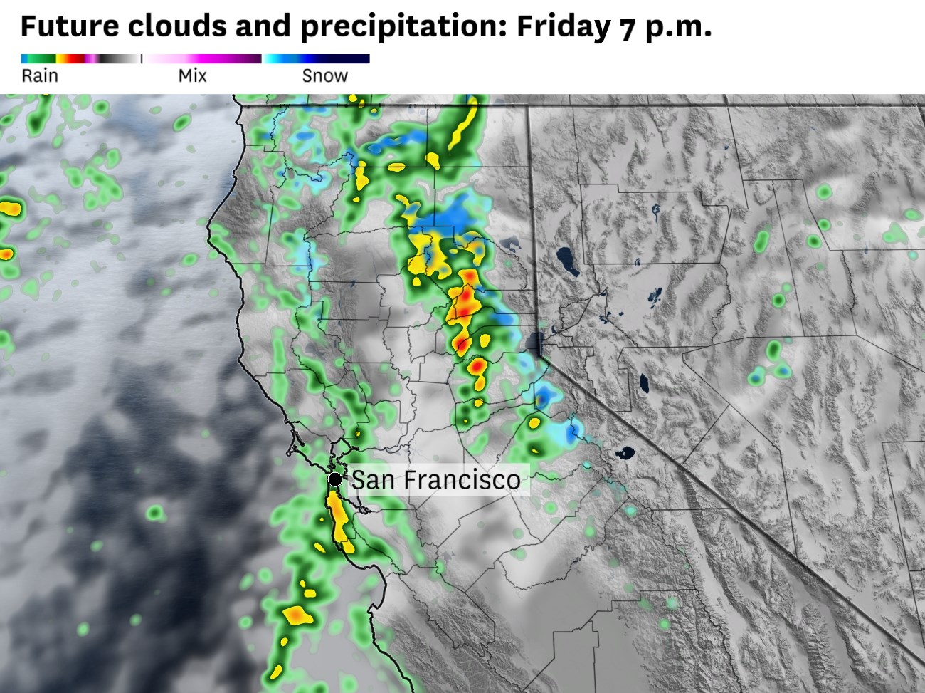 Rain arrives in the Bay Area. Snow falls in Tahoe and Sierra