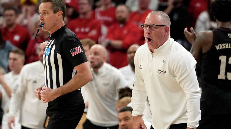 Texas A&M head coach Buzz Williams reacts to a call during the first half of a college basketball game in the first round of the men's NCAA Tournament at FedExForum on Friday, March 22, 2024, in Memphis, Tenn.