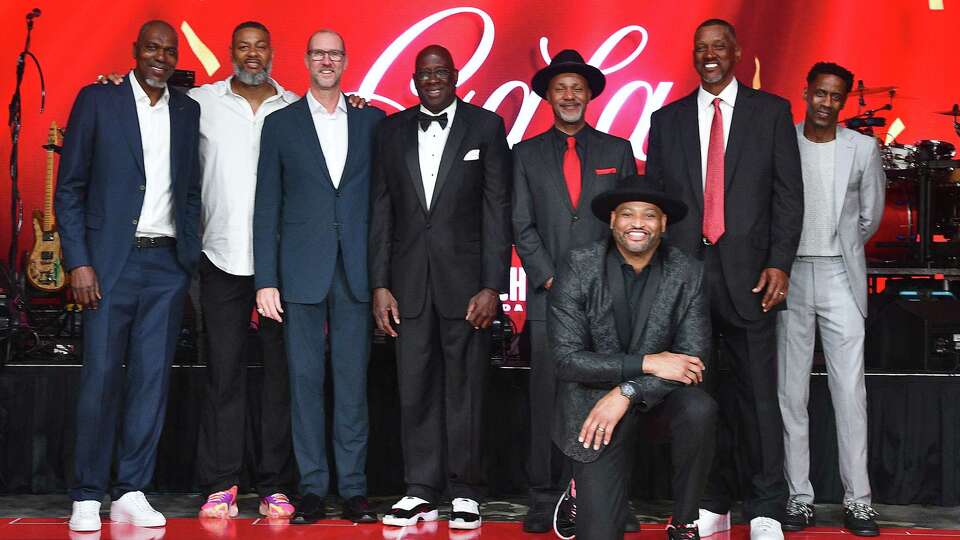 The 93-94 Champions at the Rockets 'Sneakers and Sequins' gala celebrating the 30-year anniversary of the 1993-94 Championship Team at the Post Oak Hotel Friday March 22,2024. From left: Hakeem Olajuwon, Eric Riley, Matt Bullard, Carl Herrera, Mario Elie, Robert Horry, Otis Thorpe and Vernon Maxwell.