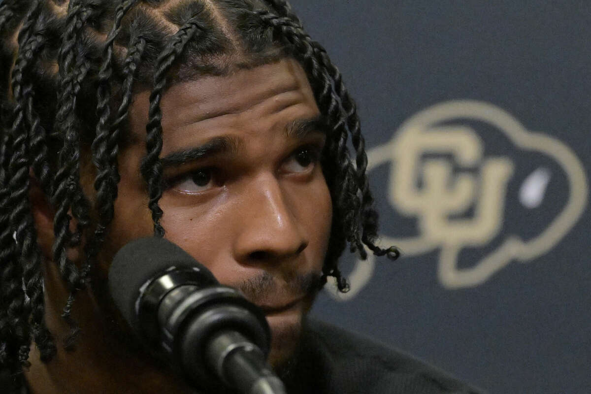 Colorado Buffaloes Quarterback Shedeur Sanders speaks with the media on campus in Boulder, Colorado on March 20, 2024.