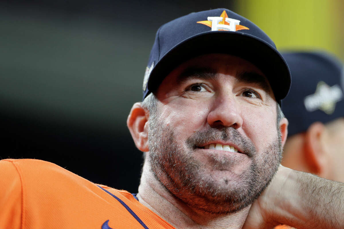 Justin Verlander #35 of the Houston Astros looks on prior to Game Three of the American League Championship Series against the Texas Rangers at Globe Life Field on October 18, 2023 in Arlington, Texas.