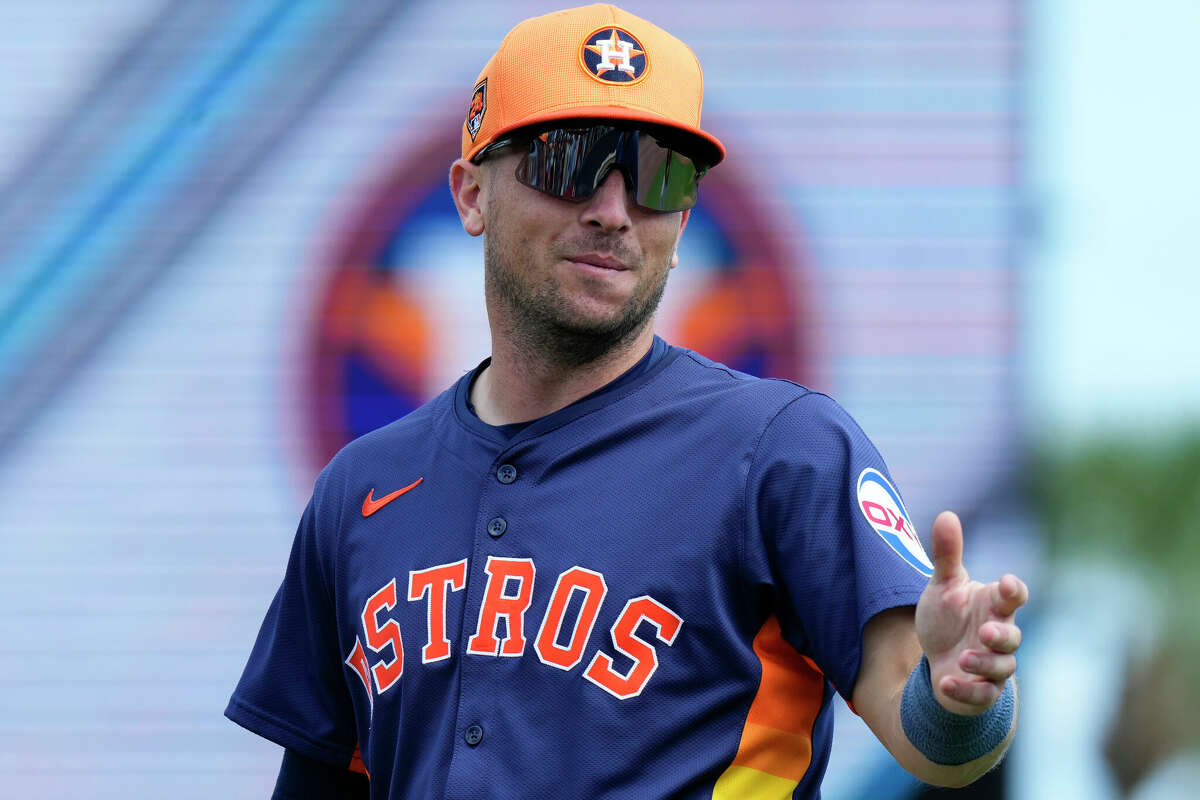 Alex Bregman #2 of the Houston Astros looks on prior to a spring training game against the Miami Marlins at Roger Dean Stadium on March 12, 2024 in Jupiter, Florida. 