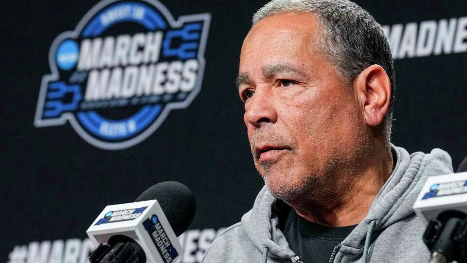 Houston Cougars head coach Kelvin Sampson answers questions during a press conference as they prepare for a Sweet 16 men’s college basketball game in the NCAA Tournament on Thursday, March 28, 2024, in Dallas. The top-seeded Cougars face Not 4 Duke in the South Regional semifinal.