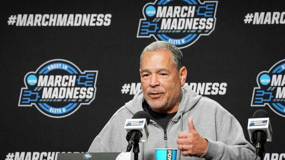 Houston Cougars head coach Kelvin Sampson answers questions during a press conference as they prepare for a Sweet 16 men's college basketball game in the NCAA Tournament on Thursday, March 28, 2024, in Dallas. The top-seeded Cougars face Not 4 Duke in the South Regional semifinal.