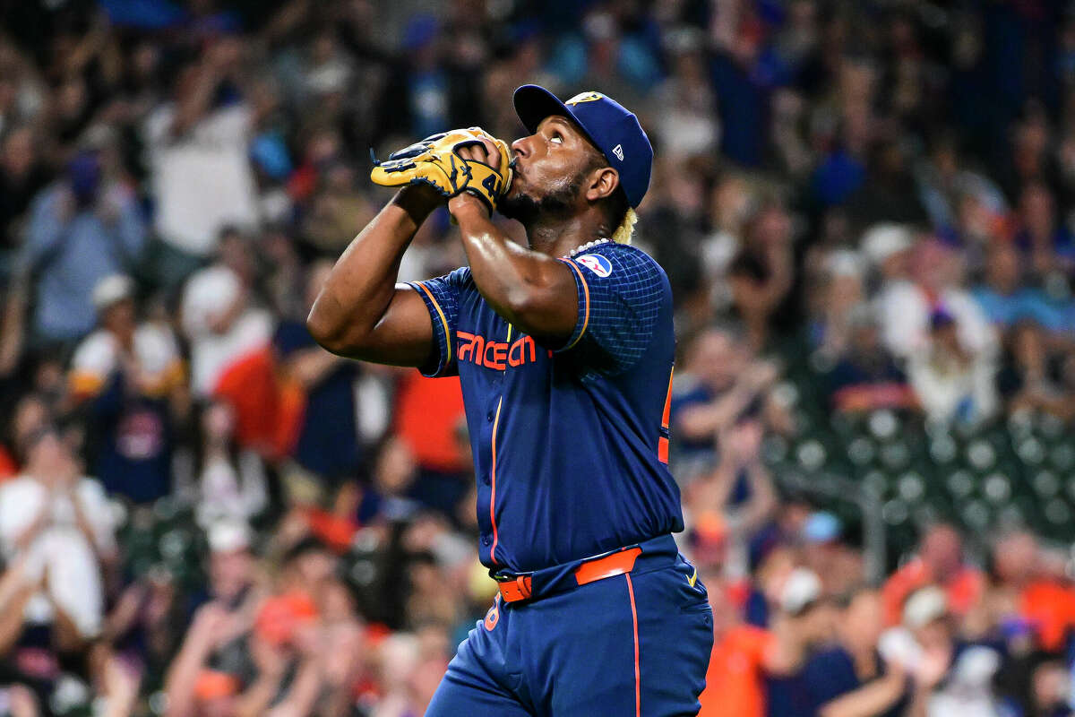 Ronel Blanco #56 of the Houston Astros reacts after the end of the eighth inning against the Toronto Blue Jays at Minute Maid Park on April 01, 2024 in Houston, Texas. 