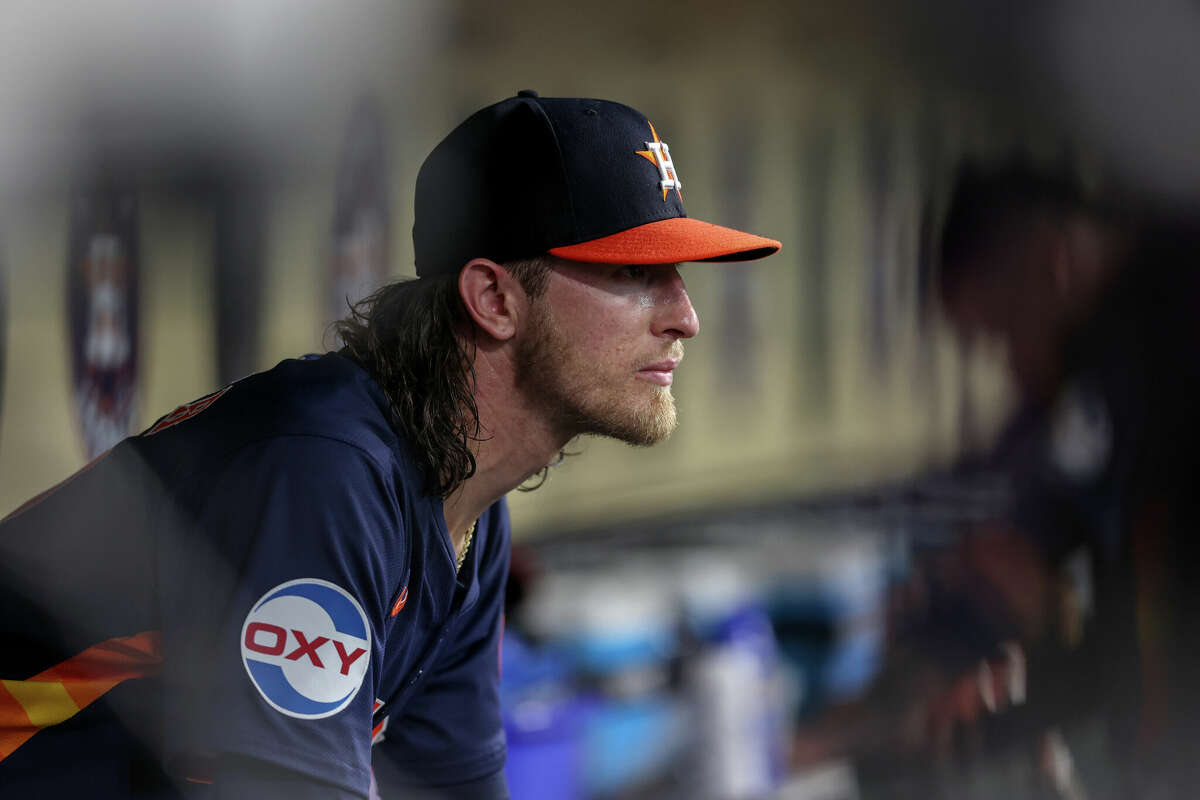 Josh Hader #71 of the Houston Astros watches from the dugout in the ninth inning against the New York Yankees at Minute Maid Park on March 31, 2024 in Houston, Texas.