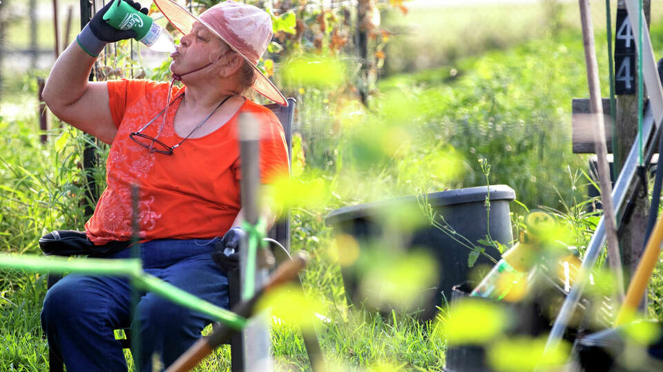 Marti Syring takes a moment to hydrate and sit down at the Montgomery County Senior's Garden on June 16, last year in Conroe. Three days later, Houston recorded the first of 45 days at or above 100 degrees in 2023.