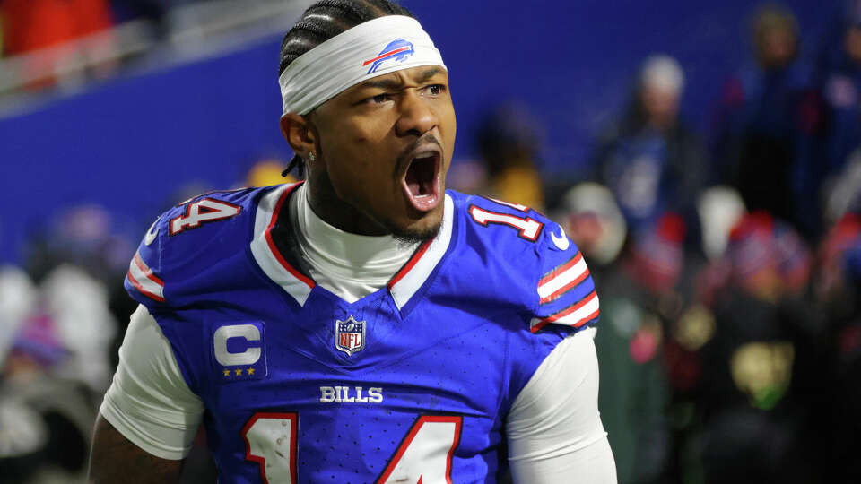 Stefon Diggs of the Buffalo Bills reacts during the AFC Divisional Playoff game against the Kansas City Chiefs at Highmark Stadium on January 21, 2024 in Orchard Park, New York.