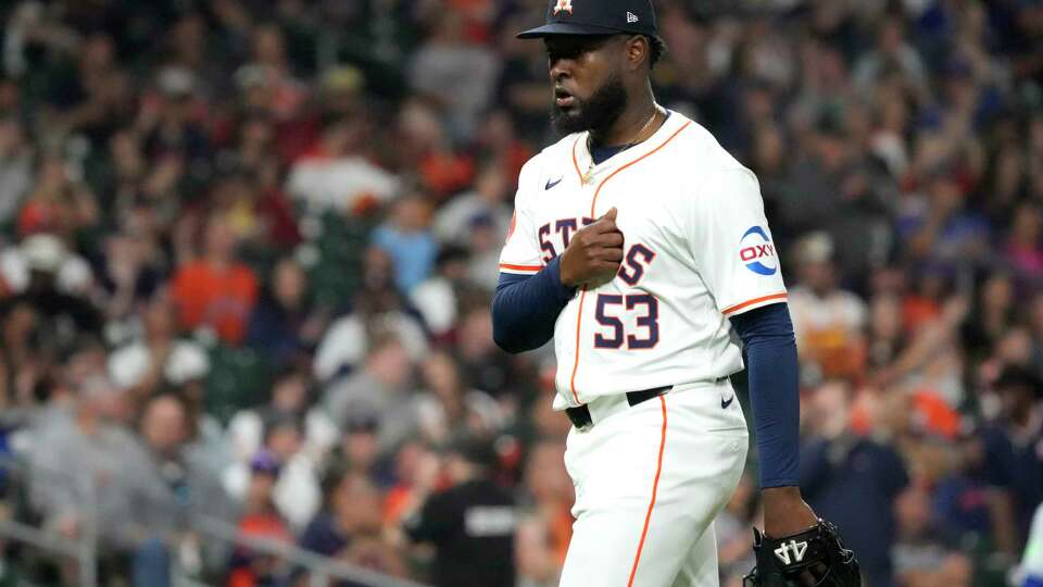 Houston Astros starting pitcher Cristian Javier reacts after striking out Toronto Blue Jays Vladimir Guerrero Jr. to end the fifth inning of an MLB baseball game at Minute Maid Park on Wednesday, April 3, 2024, in Houston.