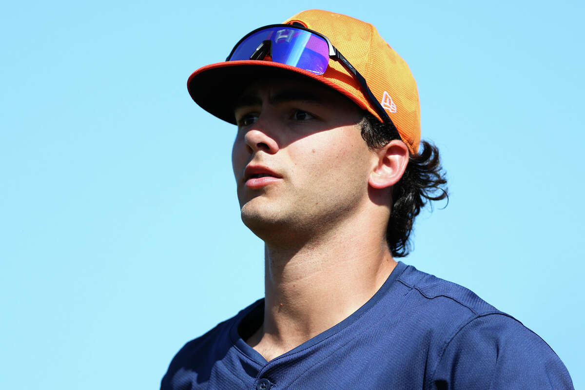 JUPITER, FLORIDA - FEBRUARY 28: Joey Loperfido #83 of the Houston Astros looks on against the Miami Marlins during the third inning in a spring training game at Roger Dean Stadium on February 28, 2024 in Jupiter, Florida. (Photo by Megan Briggs/Getty Images)