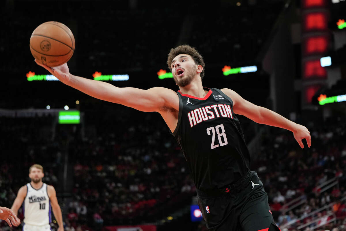 Alperen Sengun #28 of the Houston Rockets grabs a rebound during the first quarter of the game against the Sacramento Kings at Toyota Center on November 04, 2023 in Houston, Texas. 