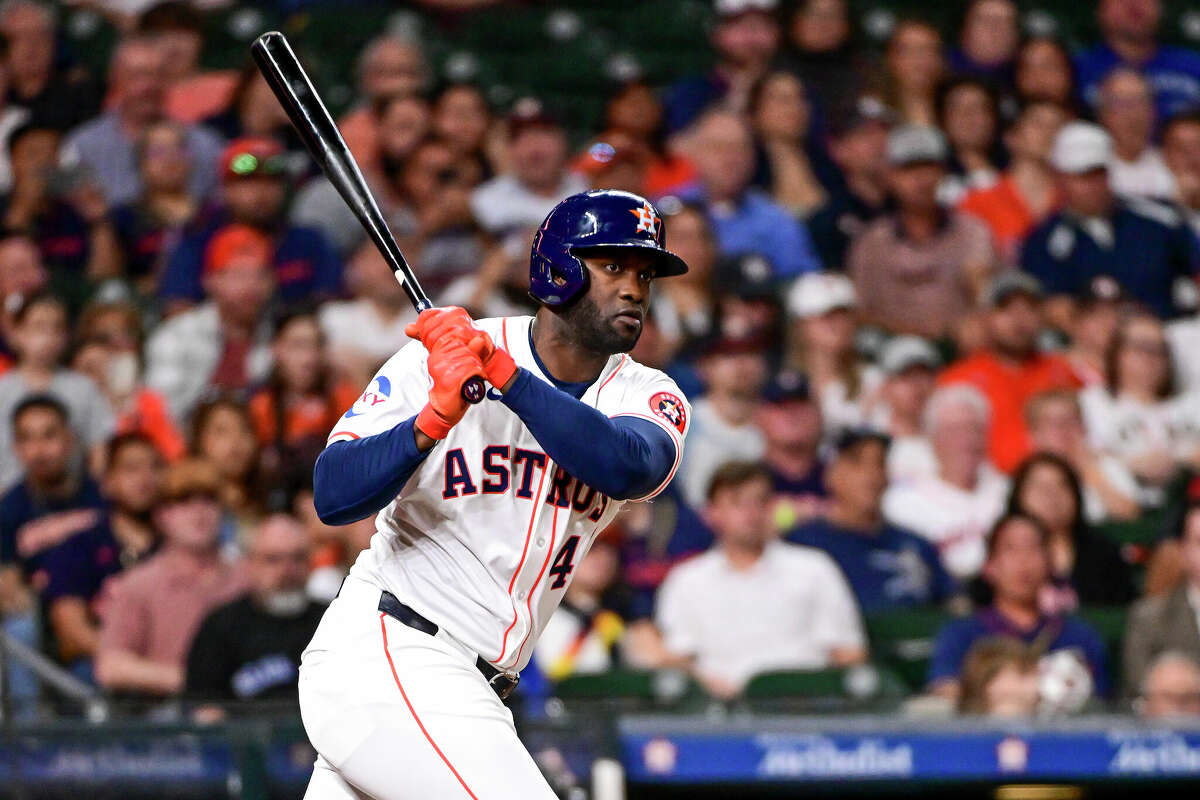 HOUSTON, TEXAS - APRIL 03: Yordan Alvarez #44 of the Houston Astros hits a solo home run against the Toronto Blue Jays at Minute Maid Park on April 03, 2024 in Houston, Texas. (Photo by Logan Riely/Getty Images)