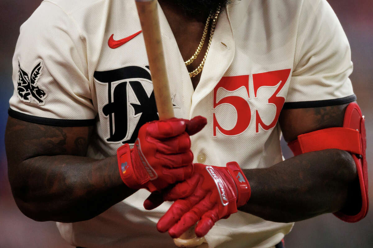 A detailed view of the Texas Rangers City Connect Uniform worn by Adolis Garcia #53 during a game against the Oakland Athletics at Globe Life Field on April 22, 2023 in Arlington, Texas.