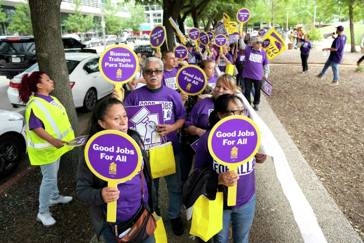 Over two hundred janitors organized with SEIU Texas marched and rallied at and near the George R. Brown on Saturday, April 6, 2024, in Houston. They rallied calling for full time jobs with benefits and higher pay.