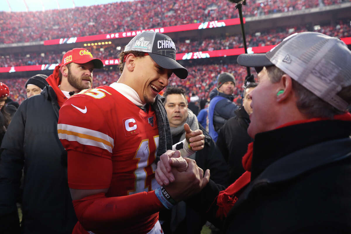 Kansas City Chiefs owner and CEO Clark Hunt celebrates with Patrick Mahomes #15 after defeating the Tennessee Titans in the AFC Championship Game at Arrowhead Stadium on January 19, 2020 in Kansas City, Missouri.