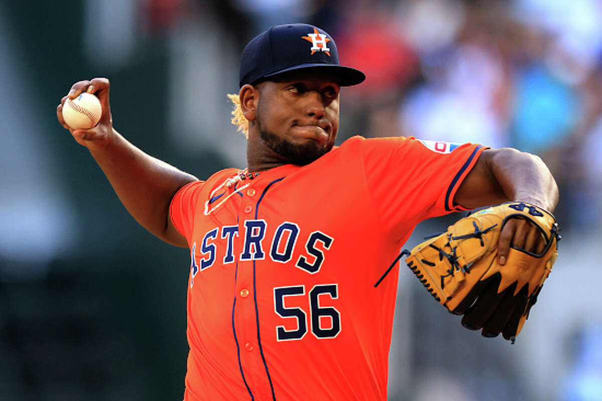 Ronel Blanco #56 of the Houston Astros pitches against the Texas Rangers during the second inning at Globe Life Field on April 7, 2024 in Arlington, Texas. 