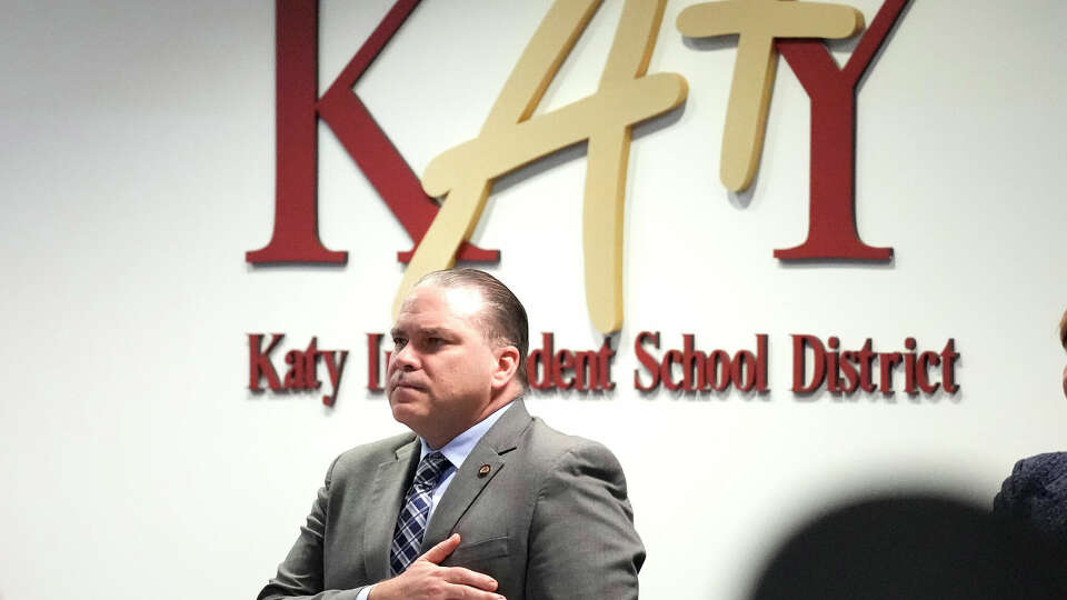 Katy ISD Superintendent Ken Gregorski during the Pledge of Allegiance before public comments about employing chaplains at the Katy ISD school board meeting at Katy ISD Educational Support Building on Monday, Feb. 26, 2024, in Katy.