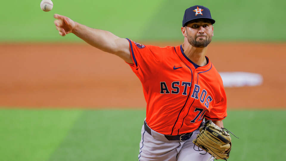 Houston Astros starting pitcher Blair Henley delivers during the first inning of a baseball game against the Texas Rangers, Monday, April 8, 2024, in Arlington, Texas. (AP Photo/Gareth Patterson)