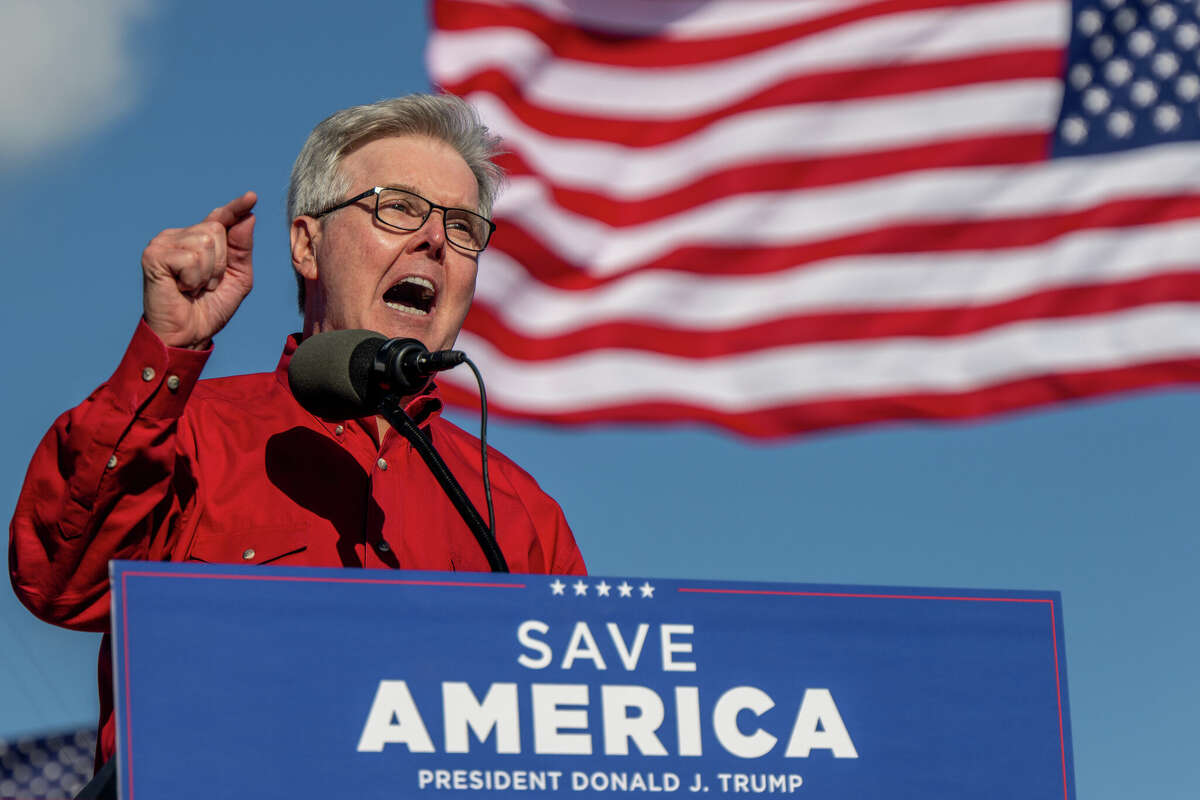 Lieutenant Governor of Texas Dan Patrick speaks at a 'Save America' rally on October 22, 2022 in Robstown, Texas. The former president, alongside other Republican nominees and leaders held a rally where they energized supporters and voters ahead of the midterm election. 