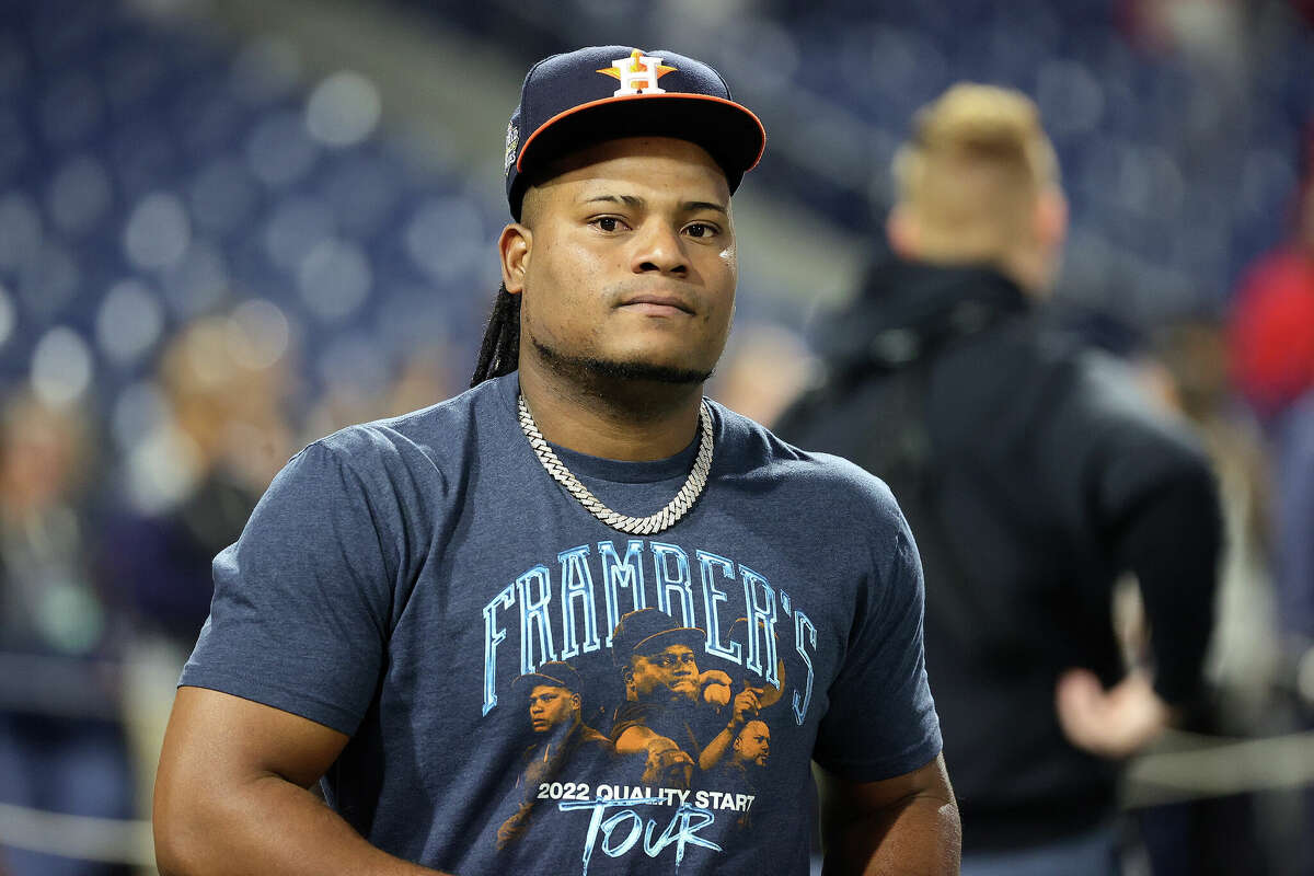 PHILADELPHIA, PENNSYLVANIA - NOVEMBER 02: Framber Valdez #59 of the Houston Astros looks on during batting practice prior to Game Four of the 2022 World Series at Citizens Bank Park on November 02, 2022 in Philadelphia, Pennsylvania. (Photo by Tim Nwachukwu/Getty Images)