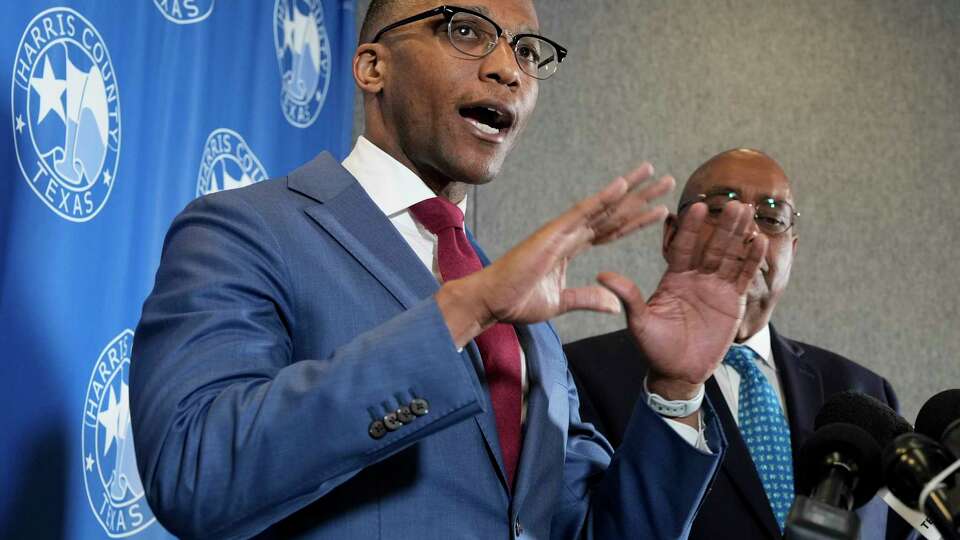 Harris County Attorney Christian Menefee gives response to Texas Attorney General Ken Paxton's lawsuit challenging the Uplift Harris program, the guaranteed income program, during a press conference Wednesday, April 10, 2024 at Harris County Administration Building in Houston. Harris County officials called the lawsuit by Paxton a targeted act.