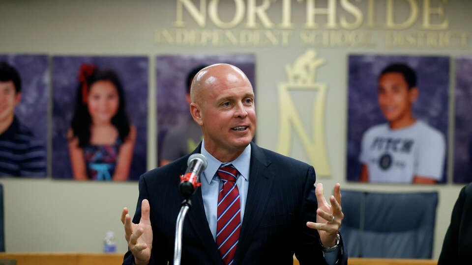 Northside ISD superintendent finalist John Craft address the gathering after the announcement. Craft will replace Brian Woods, who is retiring.