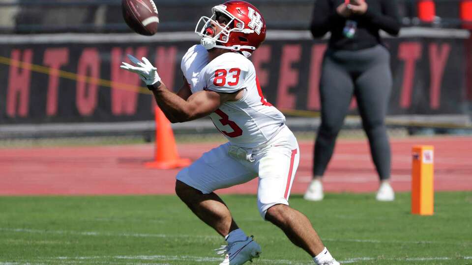 Wide receiver Mekhi Mews catches a kick off during the University of Houston Spring Football game, held at the Carl Lewis International Complex Saturday, Apr. 13, 2024 in Houston.