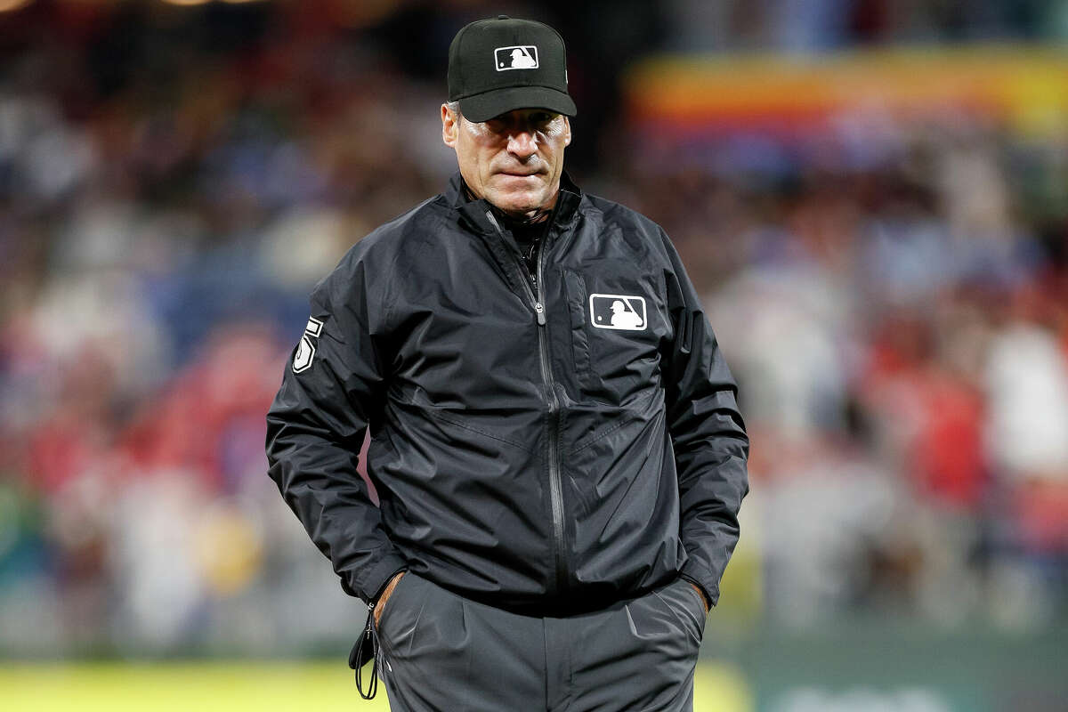 MLB umpire Angel Hernandez works a regular season game between the Pittsburgh Pirates and Philadelphia Phillies on September 26, 2023, at Citizens Bank Park in Philadelphia, PA.