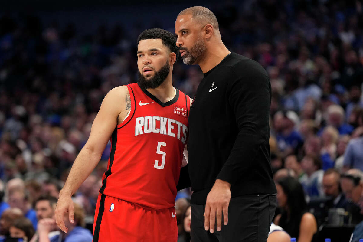 Head coach Ime Udoka of the Houston Rockets and Fred VanVleet #5 talk during the second half against the Dallas Mavericks at American Airlines Center on April 07, 2024 in Dallas, Texas. 